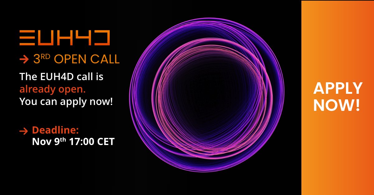 5️⃣ days until our #OpenCall info session: bit.ly/3wR24AK
👓Learn all about the application procedure: euhubs4data.eu/3rd-open-call/
Can't make it? Not to worry, we'll have another one on 25/10/22: bit.ly/3q5nEO7  

 #EUHubs4Data #OpenCall #Opportunities #SMEs