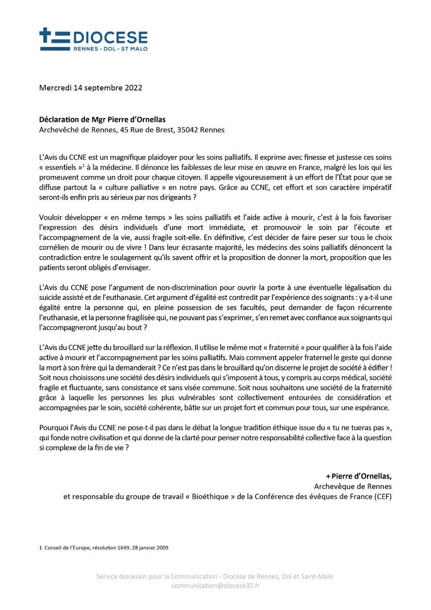 MgrValentin11's tweet photo. Les délicates questions sur la fin de vie sont-elles solubles dans la formule du "en même temps" ? 
Mgr Pierre d'Ornellas, archevêque de Rennes et Président du groupe de travail Eglise &amp; Bioéthique, réfléchit sur l'avis rendu par le #CCNE : https://t.co/jNtLRvqcgD