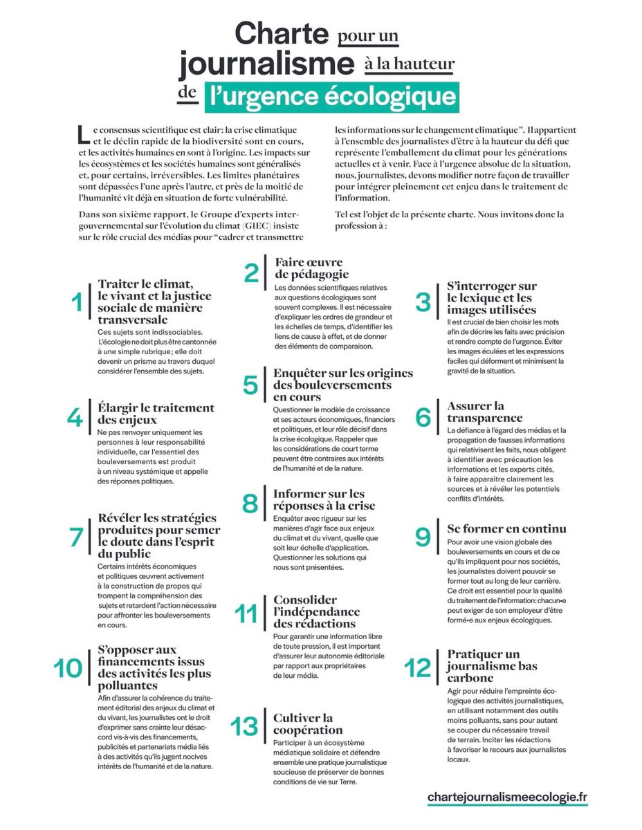 🌎 Je fais partie des 500 journalistes à avoir signé la "Charte pour un journalisme à la hauteur de l'urgence climatique" rédigée par des rédactions nationales et l’Association des journalistes-écrivains pour la nature et l'écologie. Lancement sur <a href="/AssoJNE/">JNE</a> #urgencemediaecologie