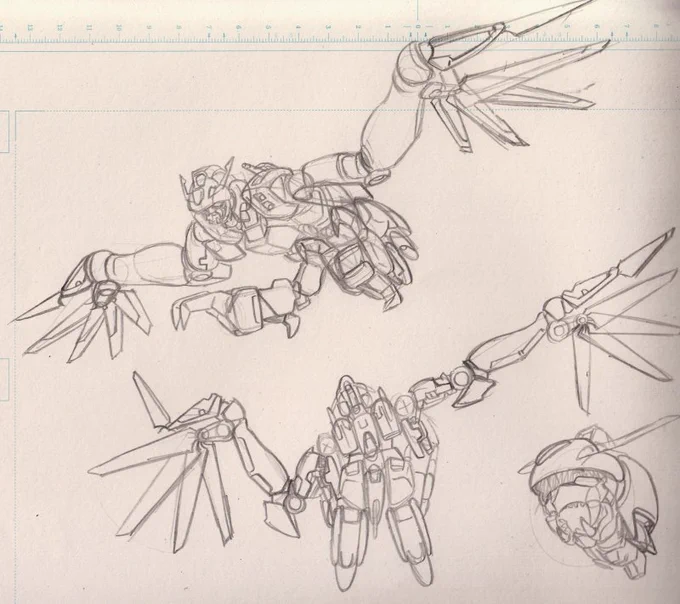 昔描いたハーピー型に変形するガンダム。これ描いた後にシードが放送され始め、レイダーガンダム出てきて驚いた。同じモチーフでもこんなに違うんだなって。玩具前提でシンプルに変形させる事を意識するきっかけになりました。 ちなみに画用紙にボールペンで描いた。それをスキャンしてパソコンで色塗 