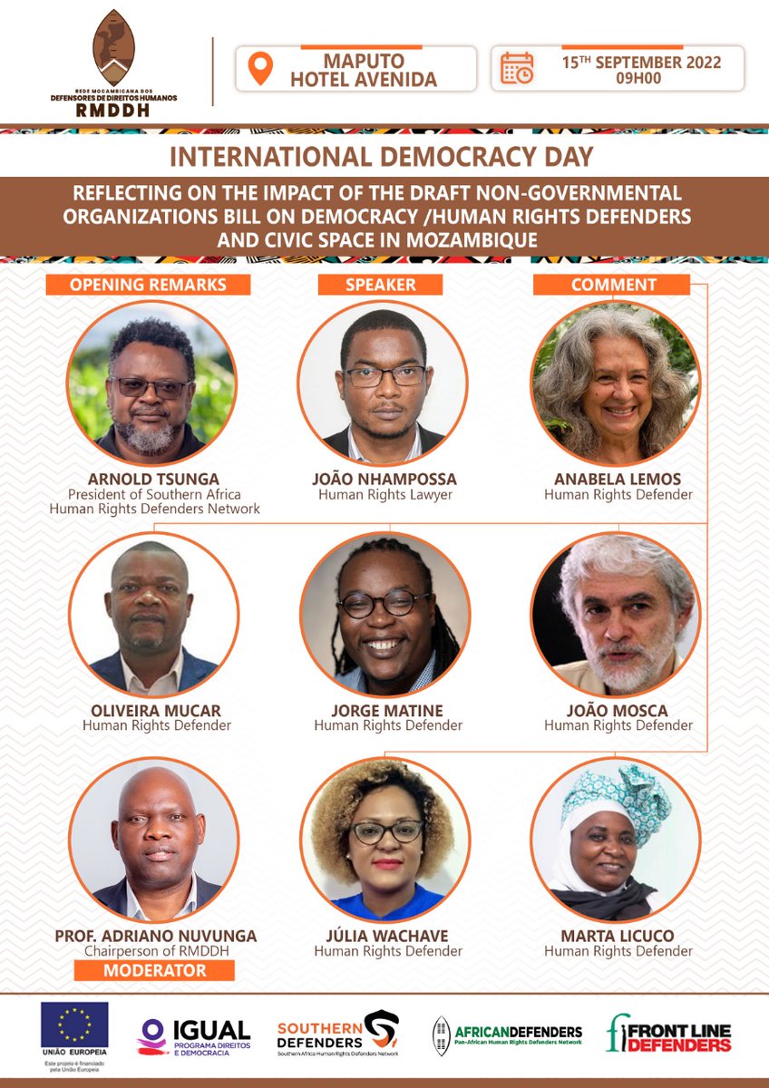 RMDDH_Moz's tweet photo. International Democracy Day: 

REFLECTING ON THE IMPACT OF THE DRAFT NON-GOVERNMENTAL ORGANIZATIONS BILL ON DEMOCRACY /HUMAN RIGHTS DEFENDERS AND CIVIC SPACE IN MOZAMBIQUE

For more information: https://t.co/ZgLdhAyADa . https://t.co/L4fhALImGg