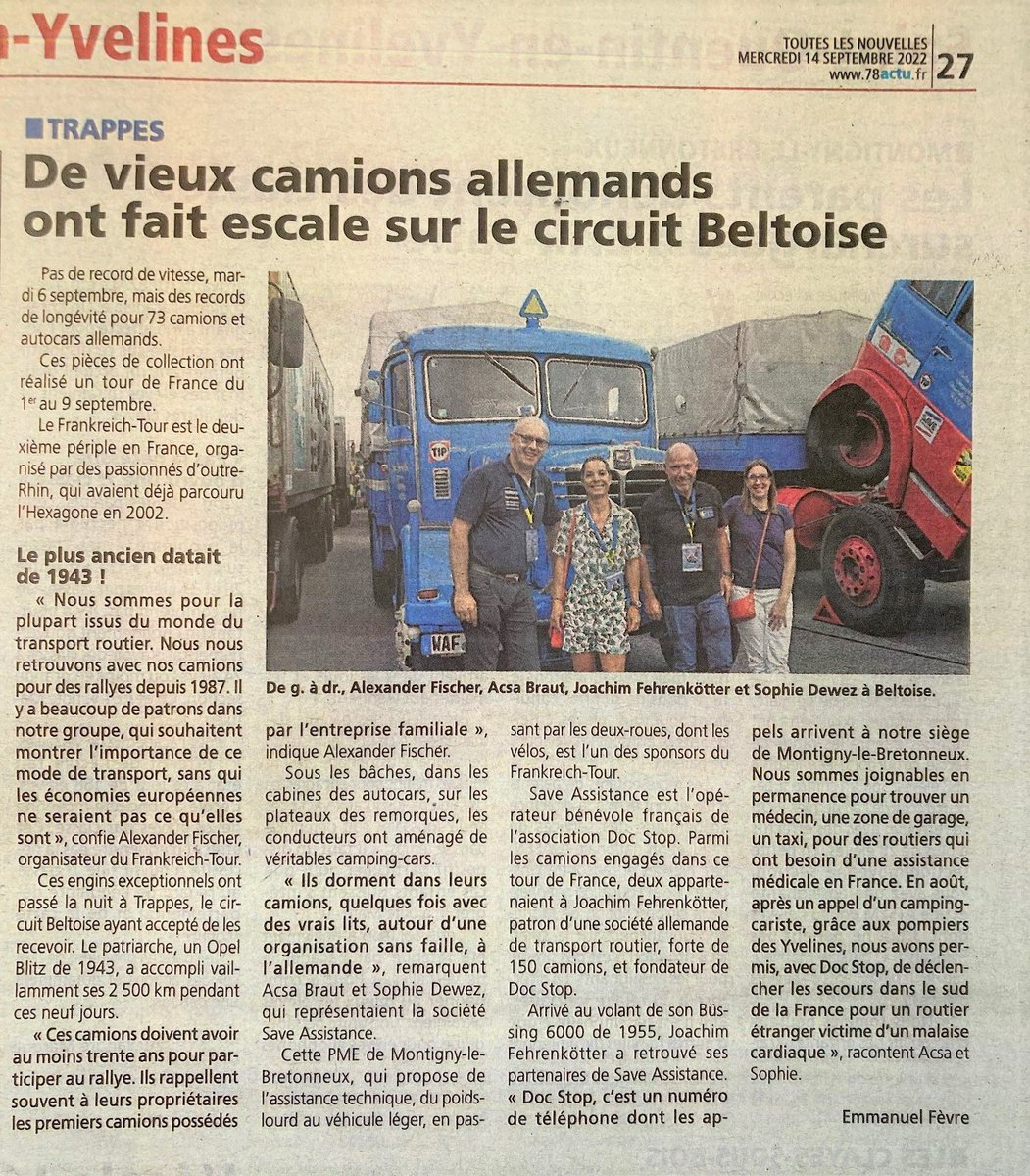 SaveAssistance's tweet photo. Le journal "Toutes les nouvelles des Yvelines" consacre un bel article sur l'évènement qui a réuni ces passionnés de vieux camions utilitaires allemands, DocStop et Save Assist !

#DocStop #oldtrucks #saveassistance #78actu #touteslesnouvelles https://t.co/tzJunGpgpg