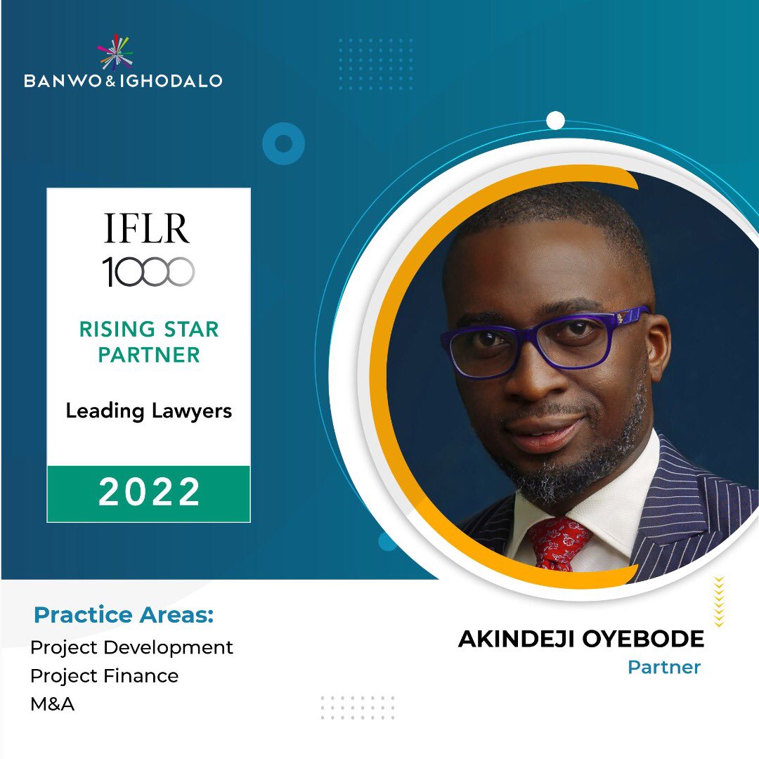 BanwoIghodalo's tweet photo. We wish to congratulate our partner, Akindeji Oyebode, on being ranked as a Rising Star Partner in the recently released 32nd edition of IFLR1000 Leading Lawyer Rankings, 2022
#LeadingLawyer #RisingStarPartner #IFLR1000 #ProjectDevelopment #ProjectFinance #MandA #ExcellentMinds https://t.co/PnmFAXzOrd