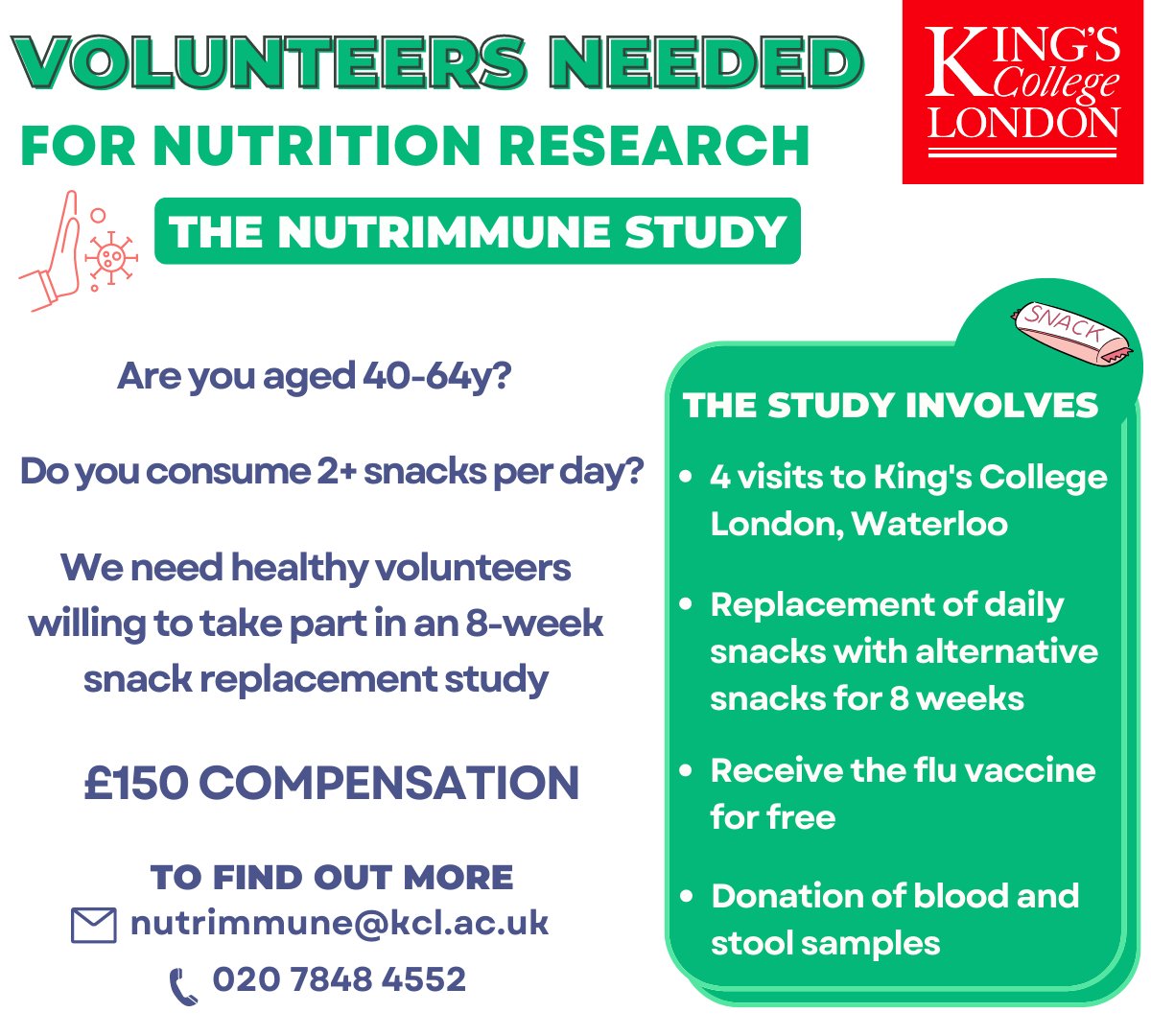 📣Help us understand how we can optimise immune responses to the #flu vaccine through diet!

We are looking for healthy people who:
🟢are 40-64y
🟢consume 2+ snacks/day
🟢are willing to take part in 8-week snack study

More on how to join our new study: nutrimmune@kcl.ac.uk
