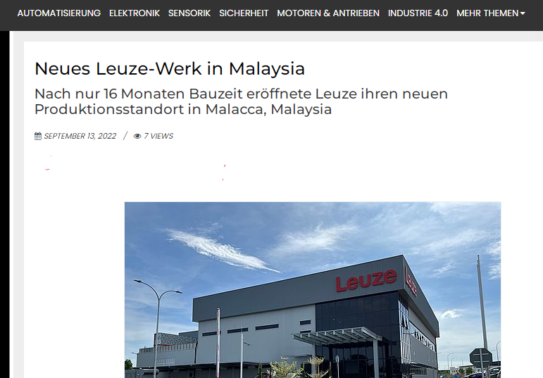 Neues aus der Industrie auf ien.dach.de: 

Neues Leuze-Werk in Malaysia nach 16 Monaten Bauzeit eröffnet. Lokale Produktionsstandorte sind Teil der globalen Wachstumsstrategie.