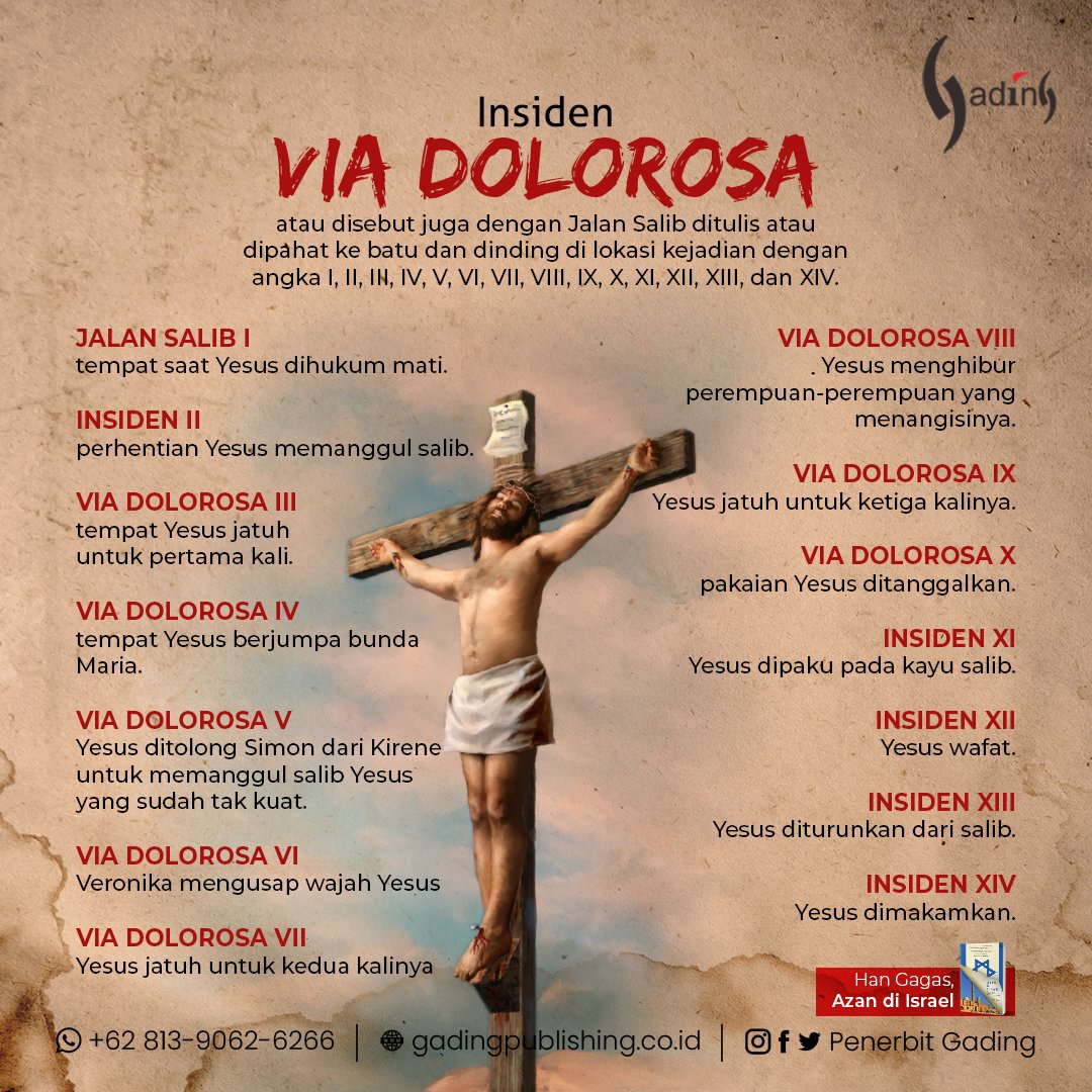 Penerbit_Gading's tweet photo. Insiden di Via Dolorosa atau disebut juga dengan Jalan Salib ditulis atau dipahat ke batu dan dinding di lokasi kejadian dengan angka I, II, III, IV, V, VI, VII, VIII, IX, X, XI, XII, XIII, dan XIV.
#viadolorosa #jalansalib #azandiissrael #hangagas #israel #yesus #salib https://t.co/BwVJGs8KTL