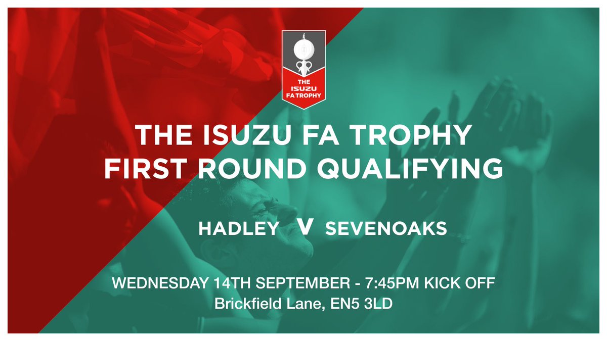 𝐌𝐀𝐓𝐂𝐇𝐃𝐀𝐘! ⚽️

🆚 <a href="/hadleyfc/">Hadley FC</a> 
⌚️ 7:45pm
🏟 Brickfield Lane, EN5 3LD
🏆 FA Trophy 1st Qualifying Round
🎟 Adult £10, Concession £5, U12s £1
📖 Programme £2 

🔵⚫️ | #Sevenoaks #STFC #FATrophy