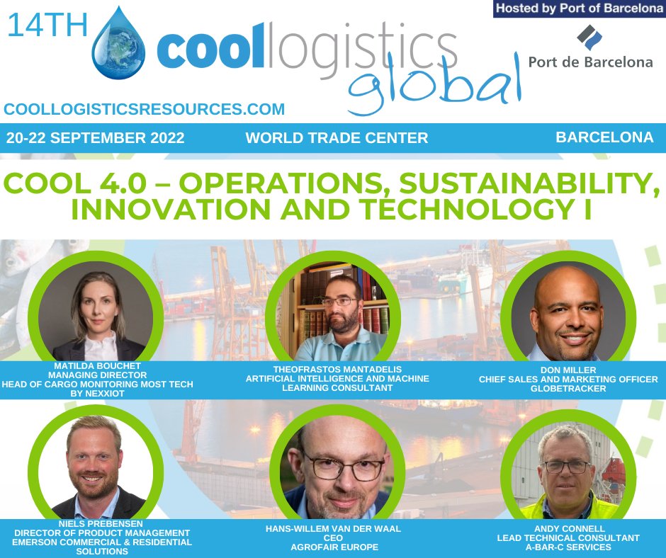 coollogistics's tweet photo. Andy Connell will be moderating this exemplary line-up of speakers on Day 1 #coolglobal22 in-person #Barcelona next week 👉https://t.co/vvX5OjMYiE

#IoT #smartreefers #AI #cargocare #operationalefficiency #fleetoptimisation
#coldchainlogistics #perishablecargo #networking https://t.co/BvSiUu3JEu