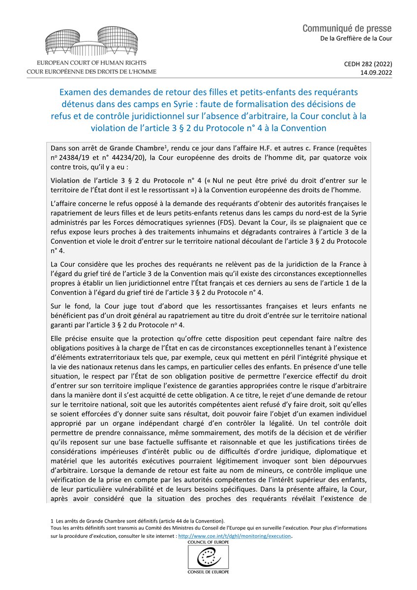 ECHR_CEDH's tweet photo. Arrêt de Grande Chambre H.F. et autres c. France - examen des demandes de retour des filles et petits-enfants des requérants détenus dans des camps en Syrie 
https://t.co/I7x2KKFEKt
#ECHR #CEDH #ECHRpress https://t.co/ikV9vruvwM