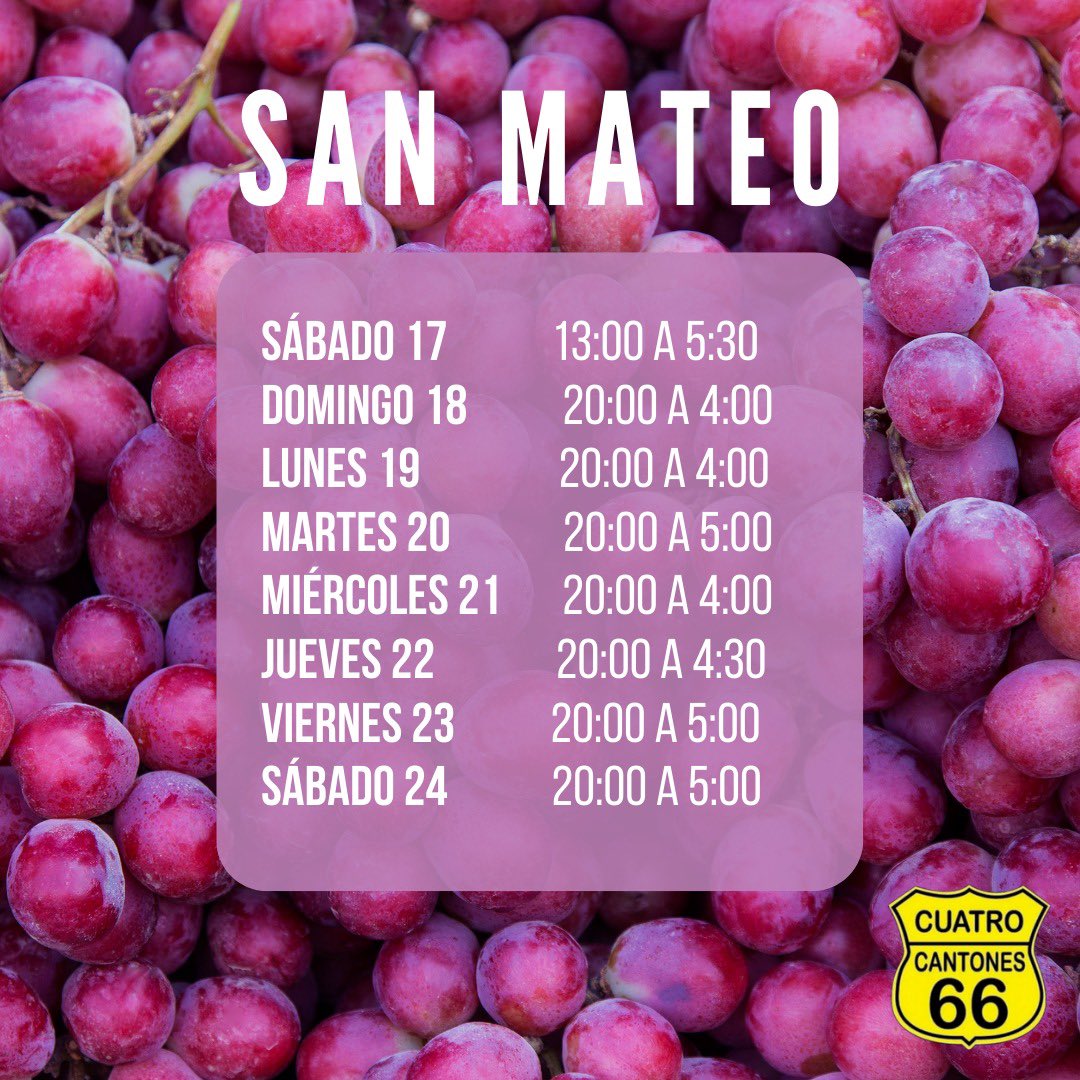 cuatrocantoness's tweet photo. Horario especial de San Mateo!! 🍇
Después de dos largos años, por fin, podemos celebrarlo por todo lo alto y de carrerilla.
¡Os esperamos! https://t.co/oXZLhY9QCh