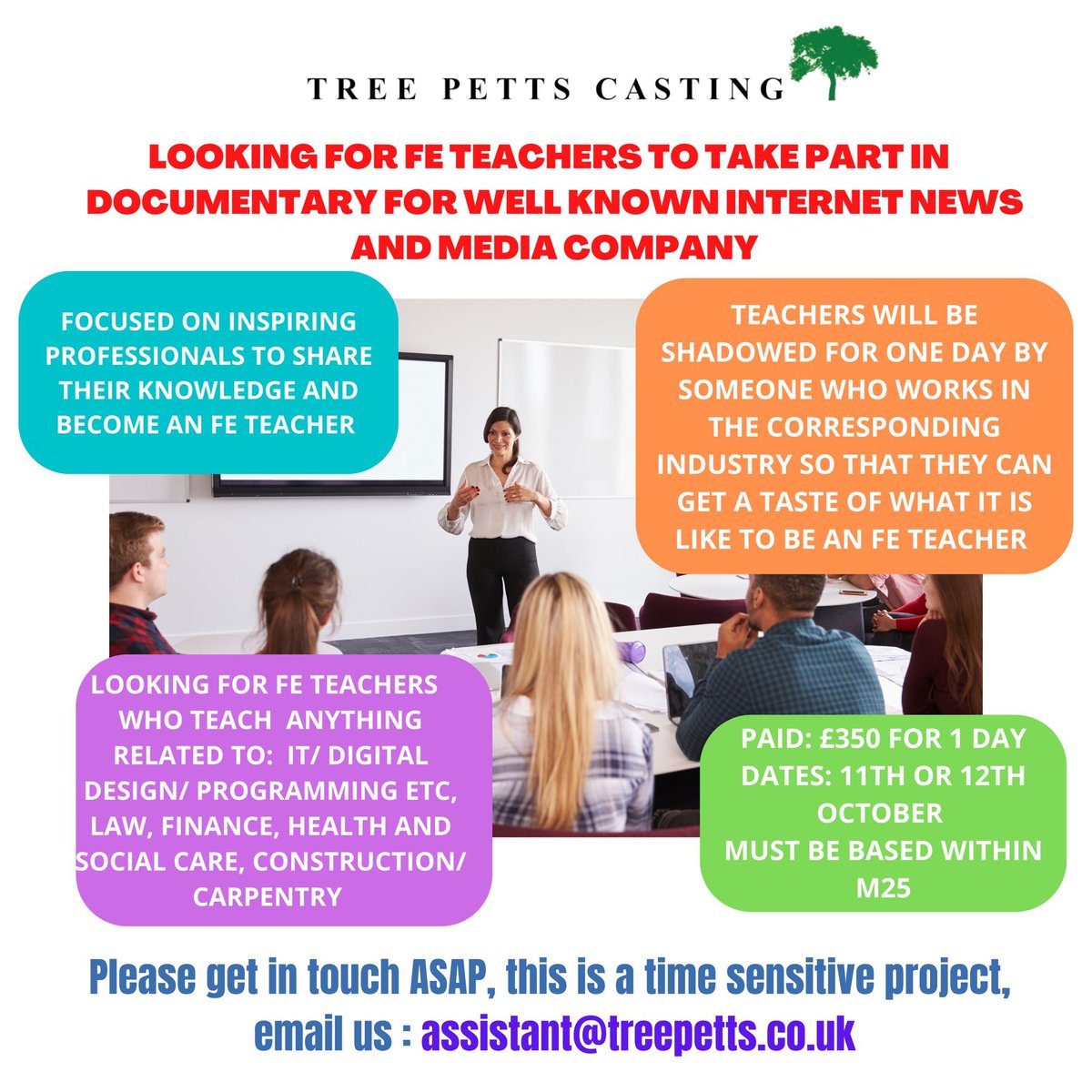 TreePettsCasts's tweet photo. Do you know any Further education teachers who teach #ITanddigital #programming #graphics #compterscience #construction #carpentry #healthandsocialcare #law #digitaldesign
Documentary project. If you know anyone suitable, please get them to eml us ASAP.Assistant@treepetts.co.uk https://t.co/mZ4HyrKszk