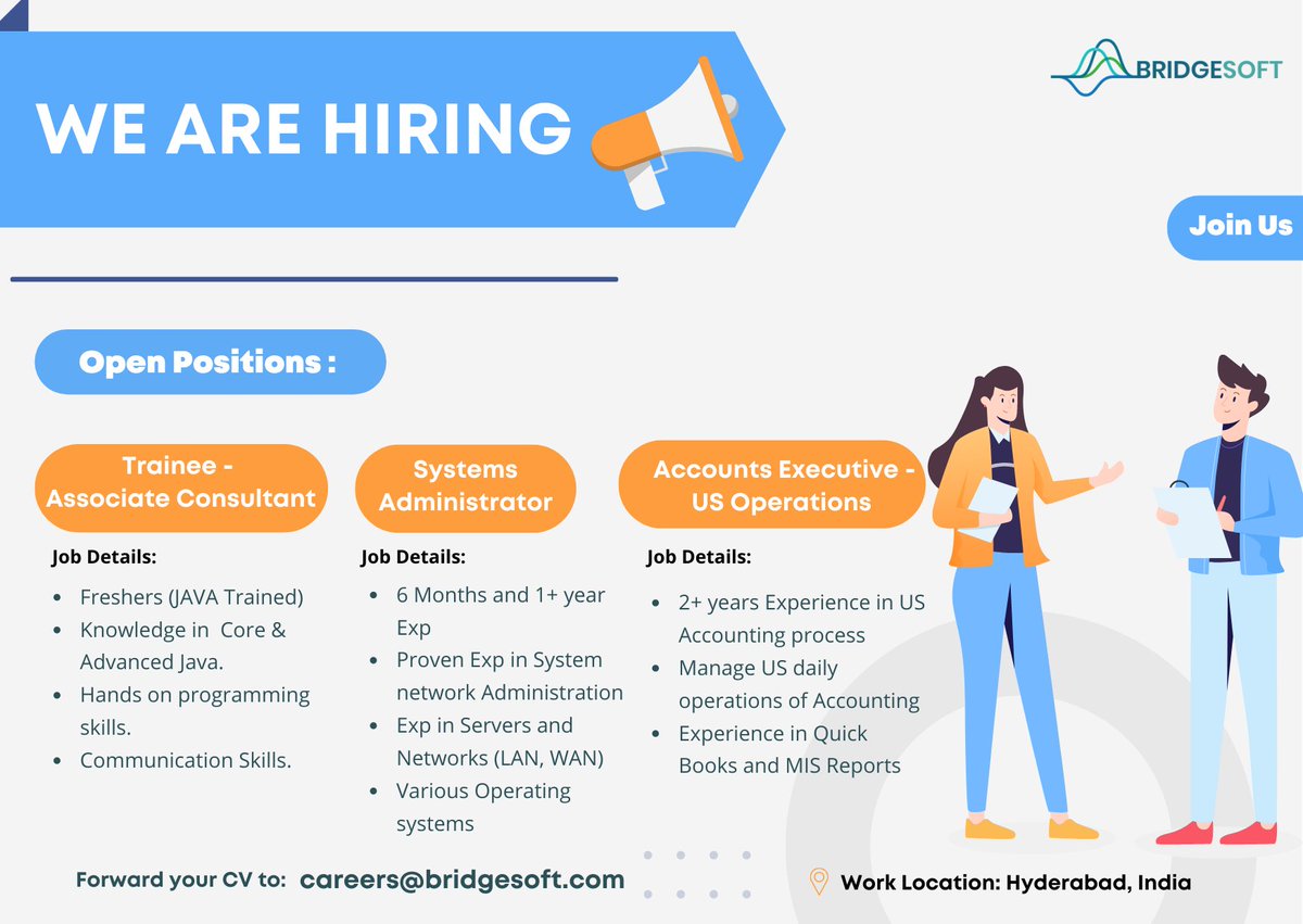 bridgesoft_com's tweet image. We are hiring for Multiple Jobs in @bridgesoft_com
Together we will make the business secure for better future.
Please click for more details: bridgesoft.com/careers/
#bridgesoft #jobopening #Javaopenings #freshersjobs #Accountant #Systemadministrator