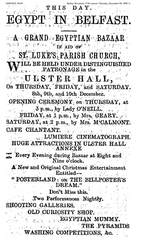 JacksonEmmet's tweet photo. 'Egypt in Belfast - A Grand Egyptian Bazaar' held at @UlsterHall, December 1898. 'HUGE ATTRACTIONS' - including Egyptian Mummy and The Pyramids (?!). @issegyptomania @FarnonShannon https://t.co/KMObaeNLRc