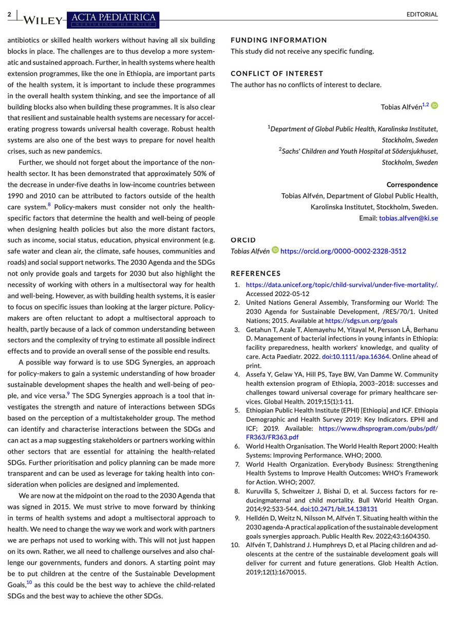 Excellent summary by our group leader Tobias Alfvén on the multi-sectorial work and whole system approach needed to end preventable deaths in children in his Editorial in <a href="/ActaPaediatrica/">Acta Paediatrica</a>. onlinelibrary.wiley.com/doi/10.1111/ap…