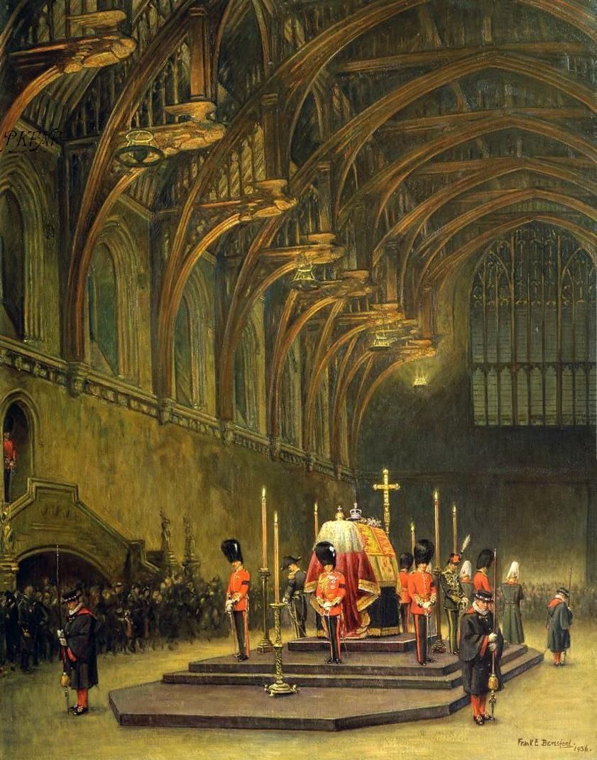 JGBartholomew's tweet image. In 1936, my grandfather, Frank E. Beresford, a professional artist, went to see the lying-in-state of King George V. He was moved by the scene &amp;amp; asked permission to set up his easel and paint it. From this emerged his painting, The Princes' Vigil, which was bought by Queen Mary.