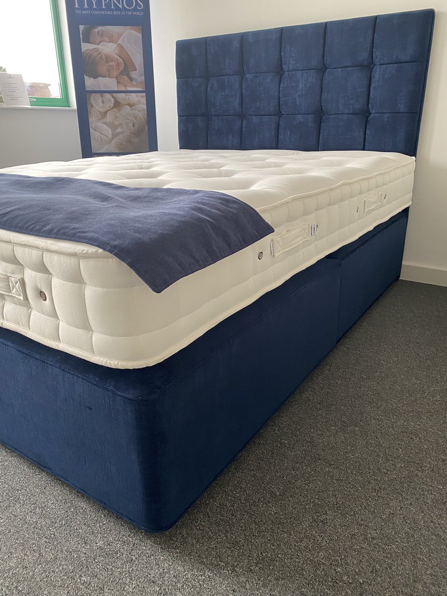 NEW IN STOCK: Hypnos mattress and sprung Divan base (no storage) with Euro Slim Grace Headboard in Royal Navy. King size 150x200cm 5ft, mattress firmer comfort. RRP for the set £2845; OUR PRICE FOR THE SET £900. Please 📞 01844359064 or 📧 sales@crendonbeds.co.uk for further info