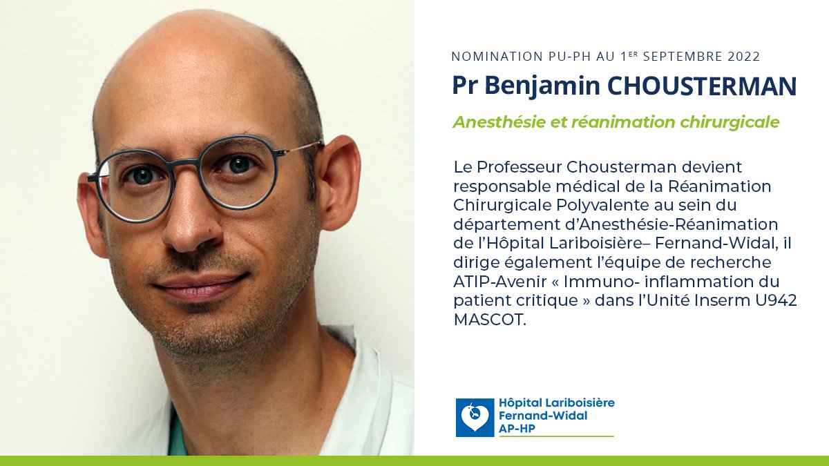 [#Nominations🏆] Toutes nos félicitations 👏 au Pr Benjamin CHOUSTERMAN, nommé Professeur des Universités – Praticien Hospitalier (PU-PH) en Anesthésie et réanimation chirurgicale à <a href="/HopLariboisiere/">Hôpital Lariboisière - Fernand-Widal AP-HP</a> <a href="/APHP/">Assistance Publique – Hôpitaux de Paris (AP-HP)</a> en septembre 2022 !