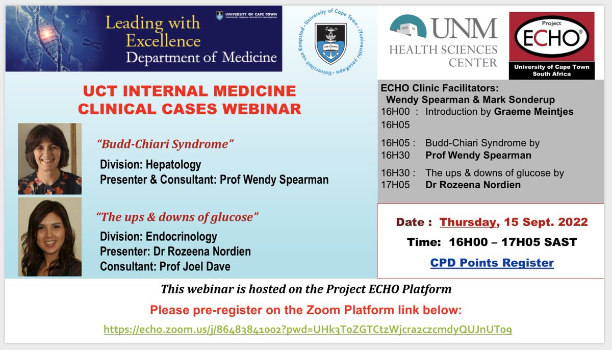 UCT Department of Medicine hosts Internal Medicine ECHO webinar tomorrow
<a href="/ntobekon/">Ntobeko Ntusi</a> <a href="/mark_sonderup/">Mark Sonderup</a> <a href="/PeterRaubs/">Peter Raubenheimer</a> 

Please pre-register on the Zoom Platform link below:
echo.zoom.us/j/86483841002?…