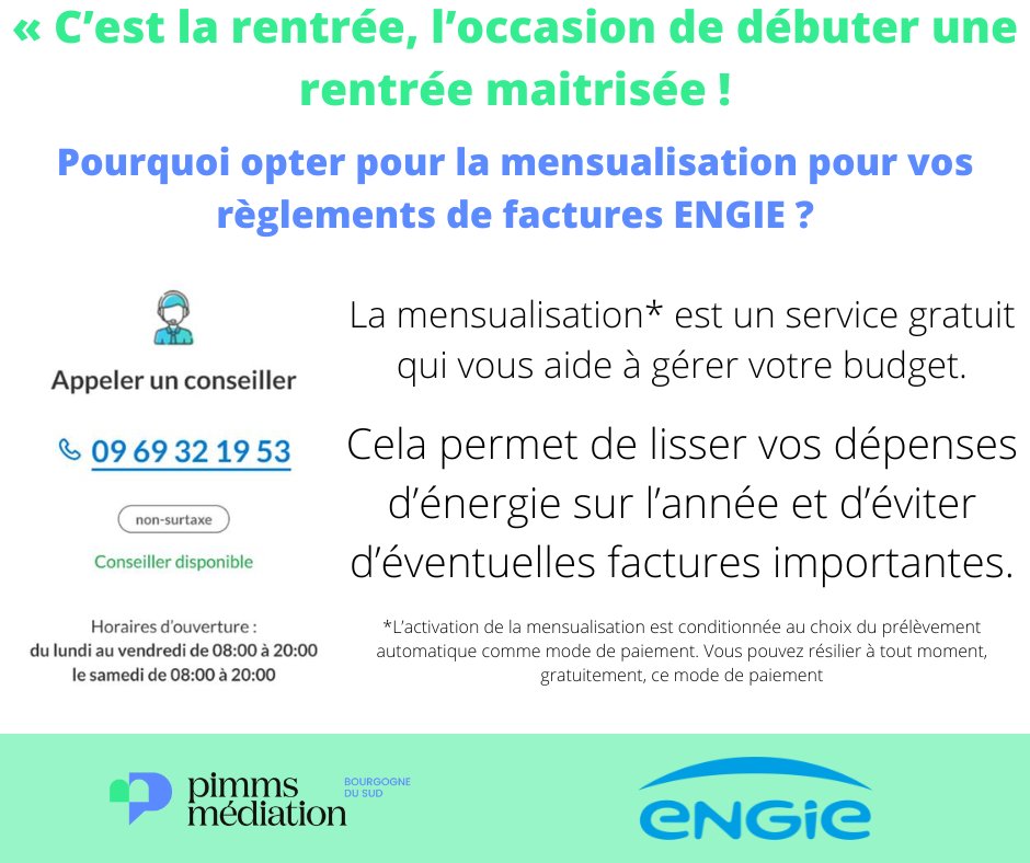 PimmsAmplepuis's tweet image. Optez pour la mensualisation pour vos règlements de factures ENGIE. 
Intéressé ? Rendez-vous sur : 
particuliers.engie.fr/decouvrir-espa…

PIMMS MEDIATION peut vous accompagner à la souscription de la mensualisation au 04 74 63 25 94, ou en vous rendant à Place de la Gare – 69550 Amplepuis