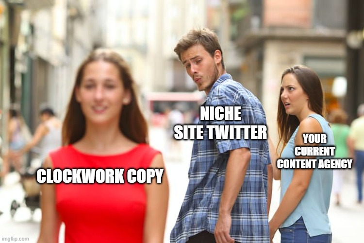 ClockworkJimmy's tweet image. Our Offer is Simple:

We help niche site owners amplify traffic and skyrocket earnings by providing expert, native-English content at industry-smashing rates.

That's it.