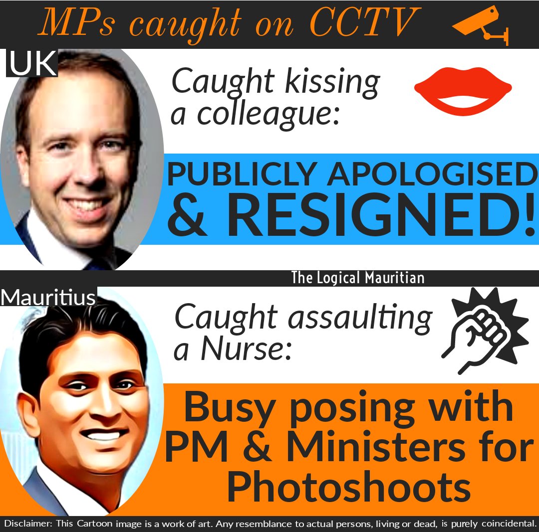 In UK, <a href="/MattHancock/">Matt Hancock</a> resigned as #Minister within a few days when he was caught kissing a colleague on #CCTV.

Meanwhile, in #Mauritius, an MP was caught assaulting a #nurse. 
Till date, we saw No #Public #Apology nor a Resignation!

#TheLogicalMauritian #Moris #Politics #Dinozor