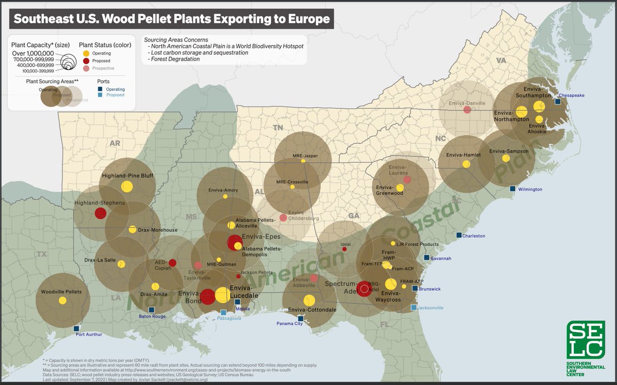 @selc_org map of #woodpellet plants exporting to Europe. How can it be sustainable to clear-fell in Southern USA and ship to @DraxGroup in UK? @biofuelwatch @AirFairy04 @bristolgreen @LabourBristol
