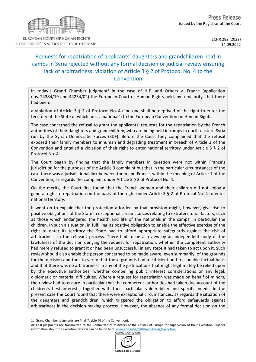 ECHR_CEDH's tweet photo. Grand Chamber judgment H.F. and others v. France - Examination of requests for repatriation of applicants’ daughters and grandchildren held in camps in Syria 
https://t.co/HO884JBPnK
#ECHR #CEDH #ECHRpress https://t.co/RlyrjDkYC0