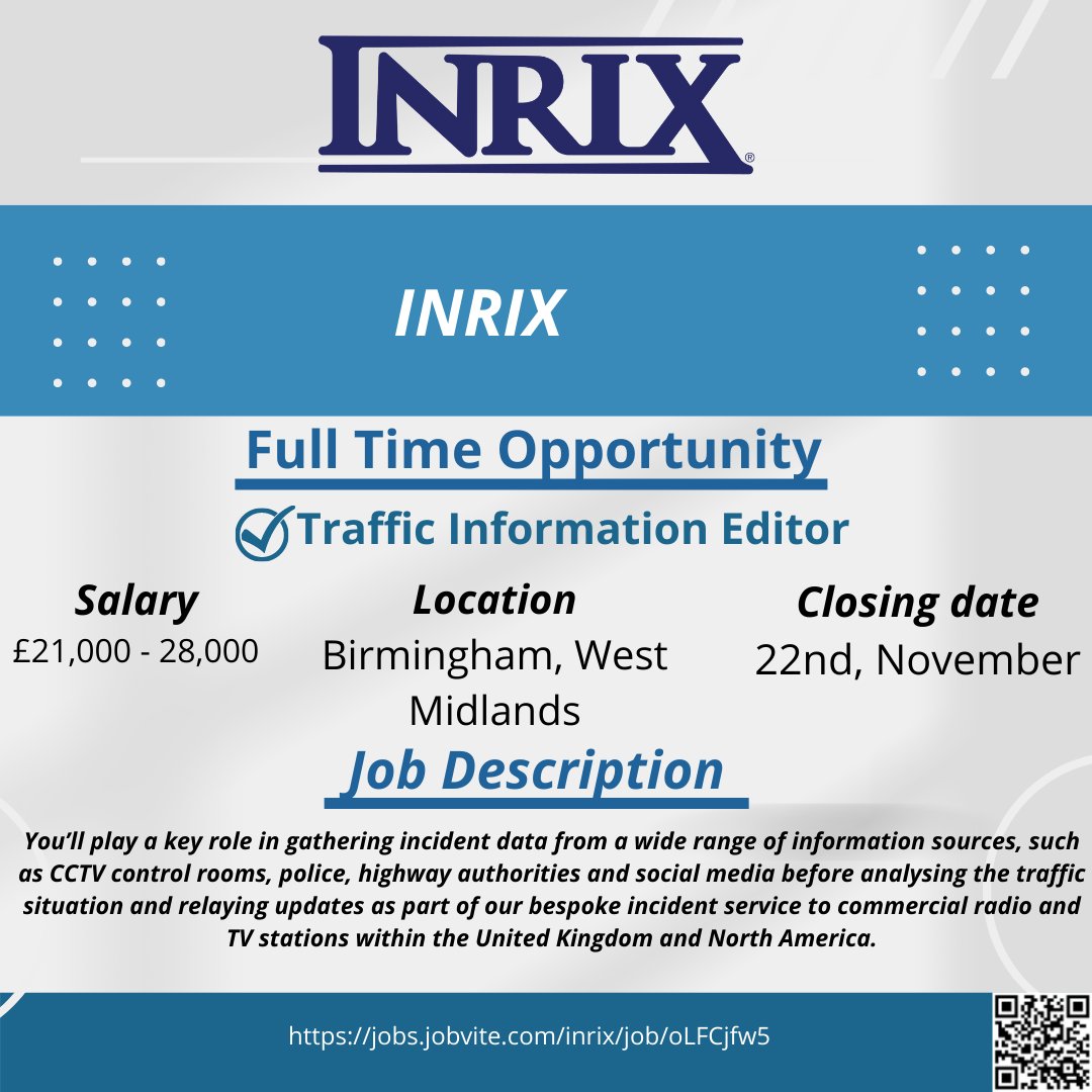 Attention Students,

Are you looking for full time work? INRIX is currently hiring.
The link - jobs.jobvite.com/careers/inrix/…

#student #uni #computing #engineering #bcu #cebe #builtenvironment #zurich #gradcracker
#tech #students #bcu #brum #October