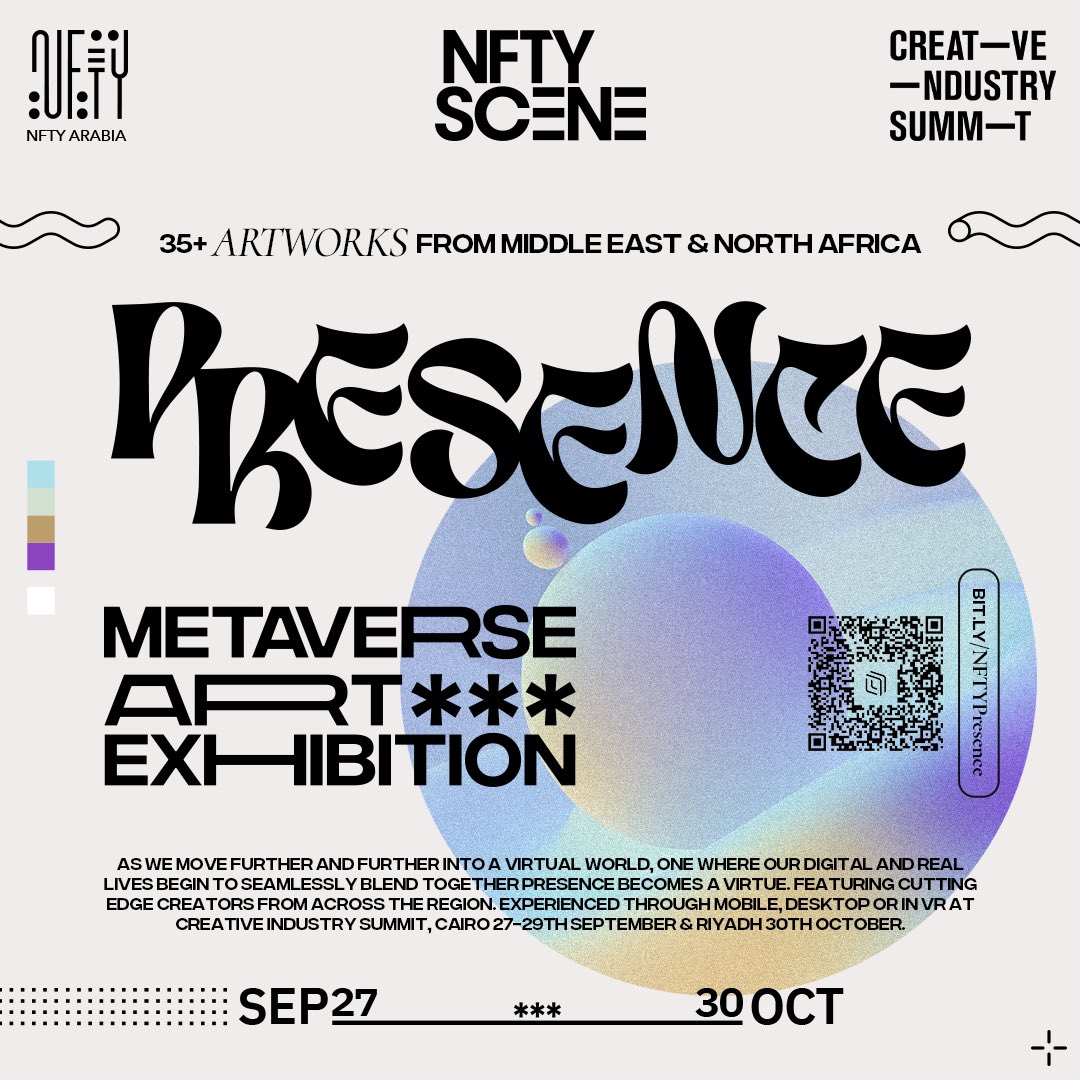 NFTYArabia's tweet photo. @NFTYScene | @NFTYArabia X @creativeindMENA Present: PRESENCE [A METAVERSE GALLERY EXPERIENCE] 27 Sept. - 30 Oct. 
-- 
@Archiblage @waleedshahphoto @oddbehaviourr @manna3i @Blizzart____ @queenofazarita @MrMarwanShahin @moomraan @m0_studio @FcWessam @Nadaymann @FarahElboghdady https://t.co/hEZJWQ1M3O