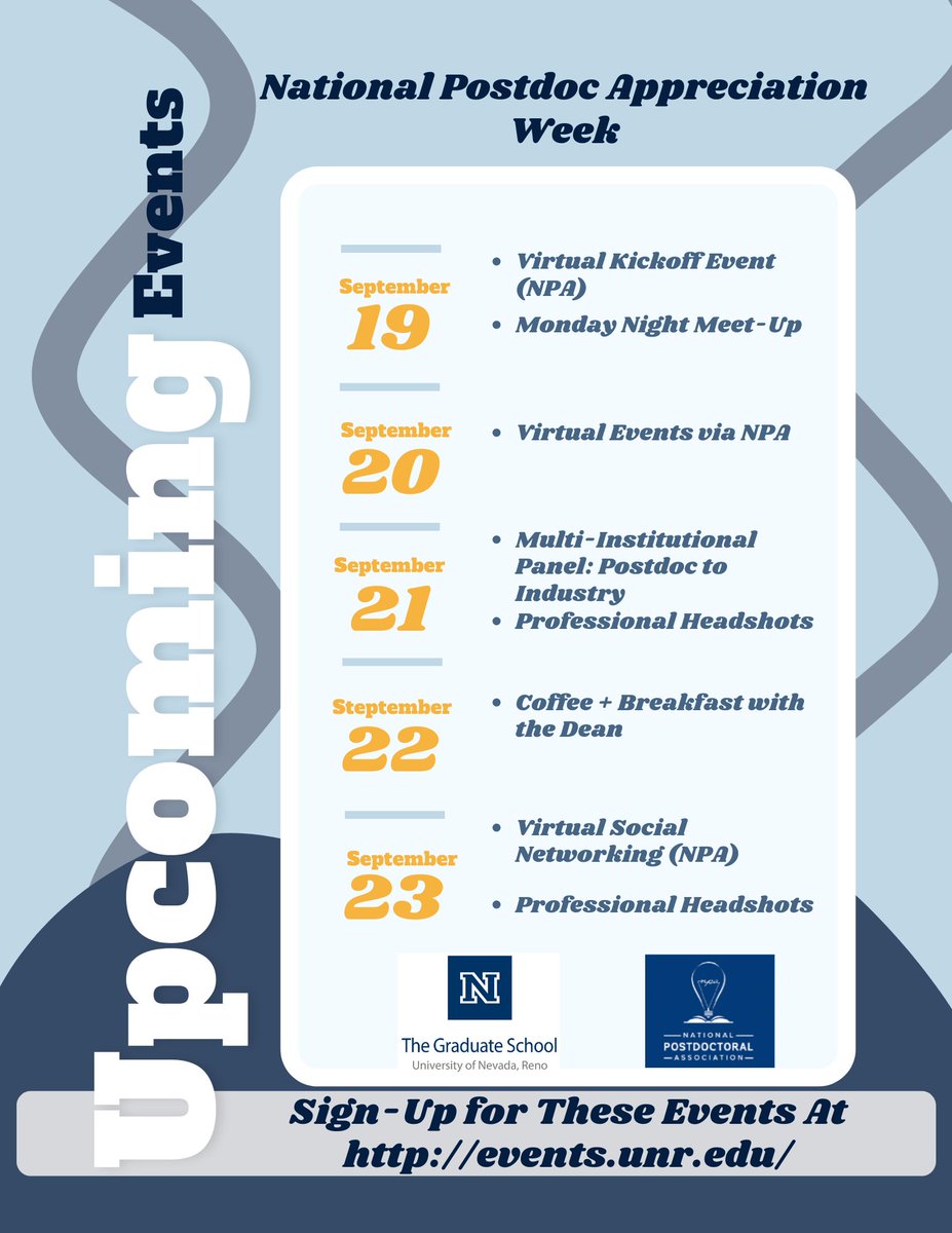 UNRGradSchool's tweet photo. Interested in participating in events during National Postdoc Appreciation Week (NPAW)? Learn more and sign-up now by searching these events on https://t.co/sXmvov09pR. #NPAW2022 #NationalPostdocAppreciationWeek #ThankAPostdoc https://t.co/my7pU3dt5J