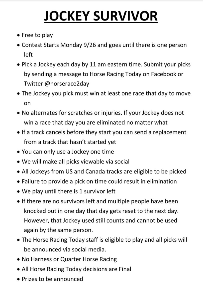 Ok here we go. If you are going to play Jockey Survivor Contest #3 please like and retweet this post. 

<a href="/Bryant_HRD/">George Allan Bryant</a> <a href="/CodyUngles/">Cody Ungles</a> <a href="/HorsePlayerX/">HorsePlayer X 🏇====🏇 🏇</a> <a href="/ItsmeEddieC/">Eddie C</a>