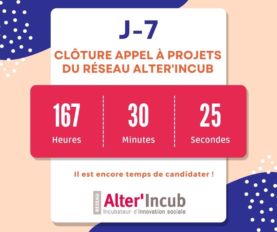 📢J-7 avant la clôture de l'appel à projet Alter'Incub !
Et si c'était le bon moment pour monter un projet qui à du #sens ? 

⌛ Il ne vous reste que quelques jours pour candidater au programme d'#incubation d'Alter'Incub !
👉 bit.ly/3DsQWxY

#entreprendre #ESS