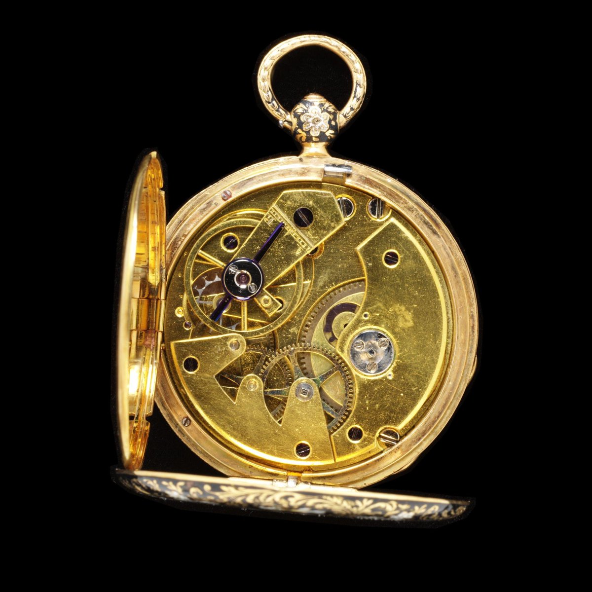 Enamelled gold watch decorated with black and white flowers, inscribed with the name of the owner, 'E. Shea' and the date '1829', Switzerland, dated 1829. Victoria &amp; Albert Museum.