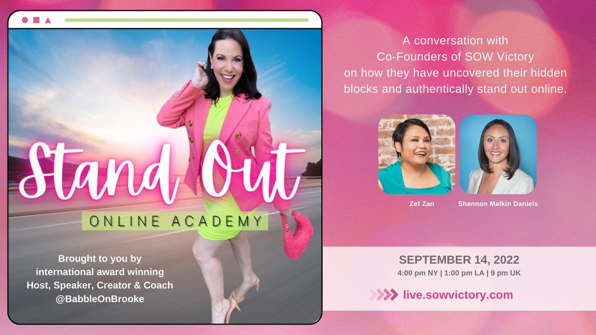 SOW_victory's tweet photo. #GoingLIVE at 4 pm NY/EST (yes, in 30 minutes!) - Stand Out Online with @BabbleOnBrooke @Zef_Zan @ShannonMDaniels #BabbleOnBrooke #StandOutOnlineAcademy #SOWvictory https://t.co/jhBe1NY2I9 https://t.co/hOL5F4BdlK