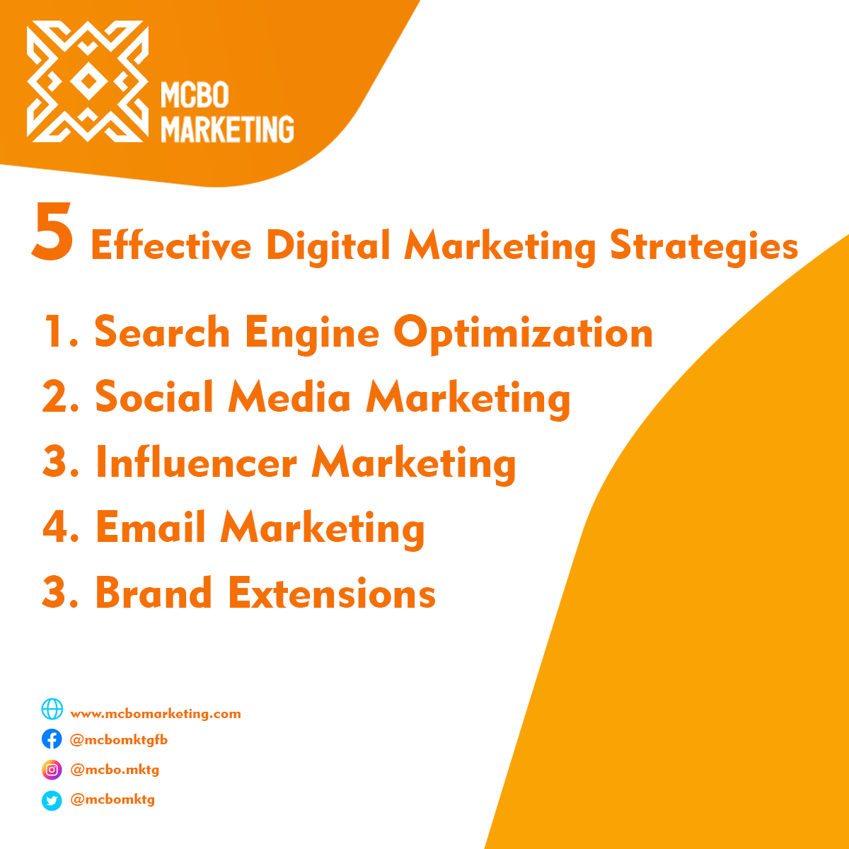 mcbomktg's tweet photo. Here's are the 5 Effective Digital Marketing Strategies you can consider to your growing company!

#DigitalMarketing #Marketing #Mcbomarketing #Strategies #SEO #SocialMedia #GeauxViral https://t.co/EFC4JG5WoY