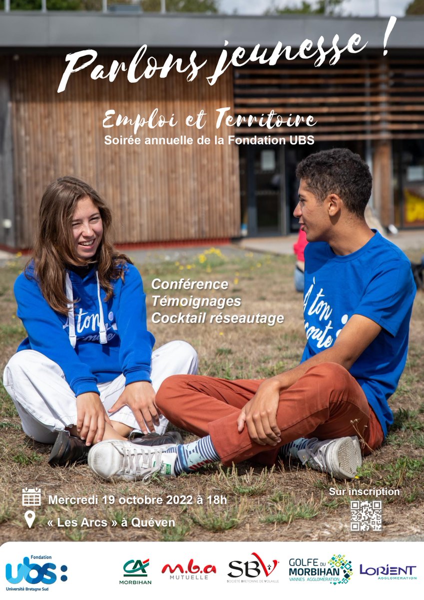 📣Mercredi 19/10 18h à Quéven Soirée Fondation UBS "Parlons jeunesse" Conférence - Tables rondes  🙏 à nos partenaires <a href="/VilleDeQueven/">Ville de Quéven</a>  @MGDIS_   <a href="/CMBretagne/">CMBretagne</a> <a href="/ENGIEgroup/">ENGIE</a> <a href="/AVEM_Groupe/">AVEM</a>   SRB Construction ✏Information &amp; Inscription www-actus.univ-ubs.fr/fr/index/actua…