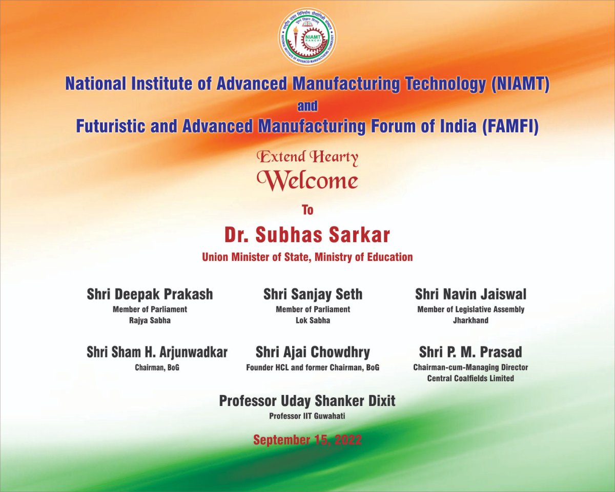 niamt_ranchi's tweet photo. The "Remanufacturing Capability Building" Inaugural Program will be live tomorrow at 11:00 AM. https://t.co/nN4PStFbB4
https://t.co/yUr08g4nnw

Chief Guest @Drsubhassarkar Guest of Honour @dprakashbjp @MpSanjayseth @navinjaiswal4 @AjaiChowdhry @RealPMPrasad1 

@EduMinOfIndia https://t.co/6ZMI0R6nnz