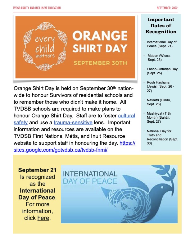 MatthewSereda's tweet photo. Pleased to share the @TVDSBEquity Newsletter for September, 2022. Staff are invited to review information related to Mennonite Heritage Week, Orange Shirt Day, anti-racism strategies &amp; inclusive language practices. https://t.co/WSuGgoNKeH