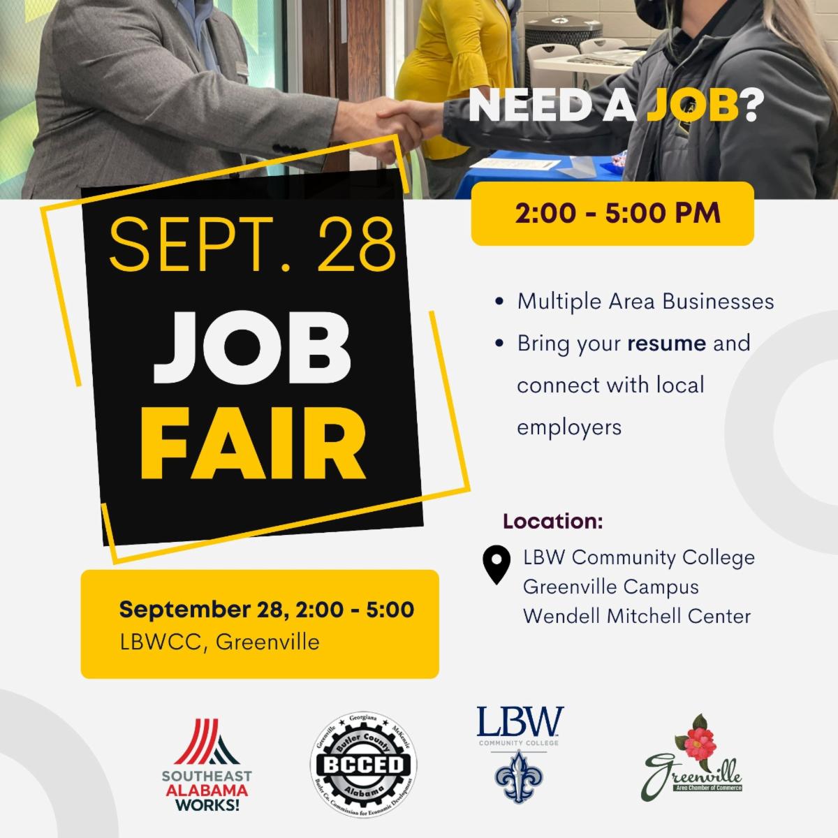 sealaworks's tweet photo. Looking for a job? You are in luck! There will be a Job Fair September 28th at LBWCC, Greenville. Don't forget to bring your resume to connect with local employers! #jobfair #hiring #southeastalabamaworks https://t.co/1yHDRXyBTh