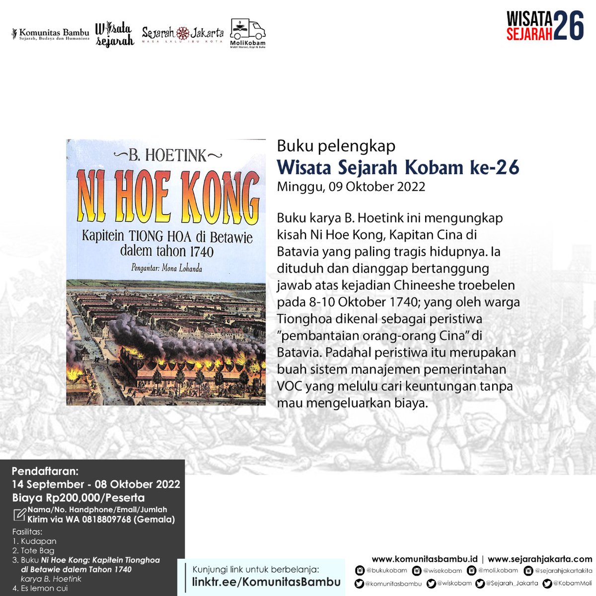 JJRizal's tweet photo. yg kepengen ikut memperingati 282 tahun pembantaian orang tionghoa di batavia 9 oktober besok, nyok ikut @wiskobam ke-26 https://t.co/8vyoAT5QdG