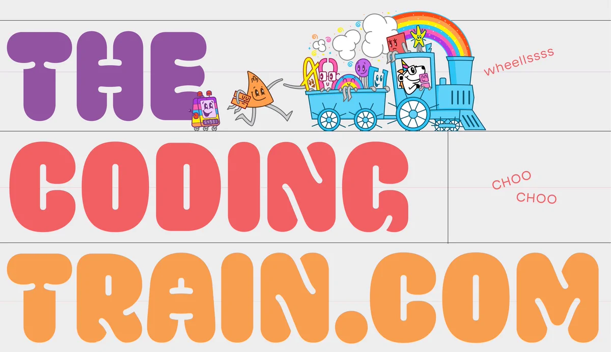 Colorful graphic with the website address “the coding train.com” written out in large bubbly font