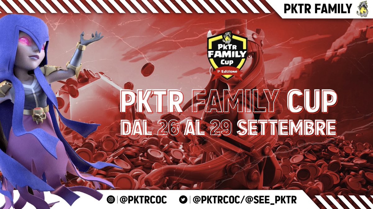 Proud to announce the PkTr Family Cup, our first eSport Tournament!

• 4 Days (26-29 September)📅.
• 2 Phases🏆.
• 9 PkTr Clans⚔️.
• 3 Official Streamers🔴: <a href="/infernalzeux/">Infernalzeux</a>, <a href="/KingLoDo3/">King_LoDo</a>, <a href="/Giggino478/">Giggino478</a>.

Official Discord Server
discord.gg/BA7kG45
Official Twitter Page
<a href="/pktrcoc/">PkTr Family</a>