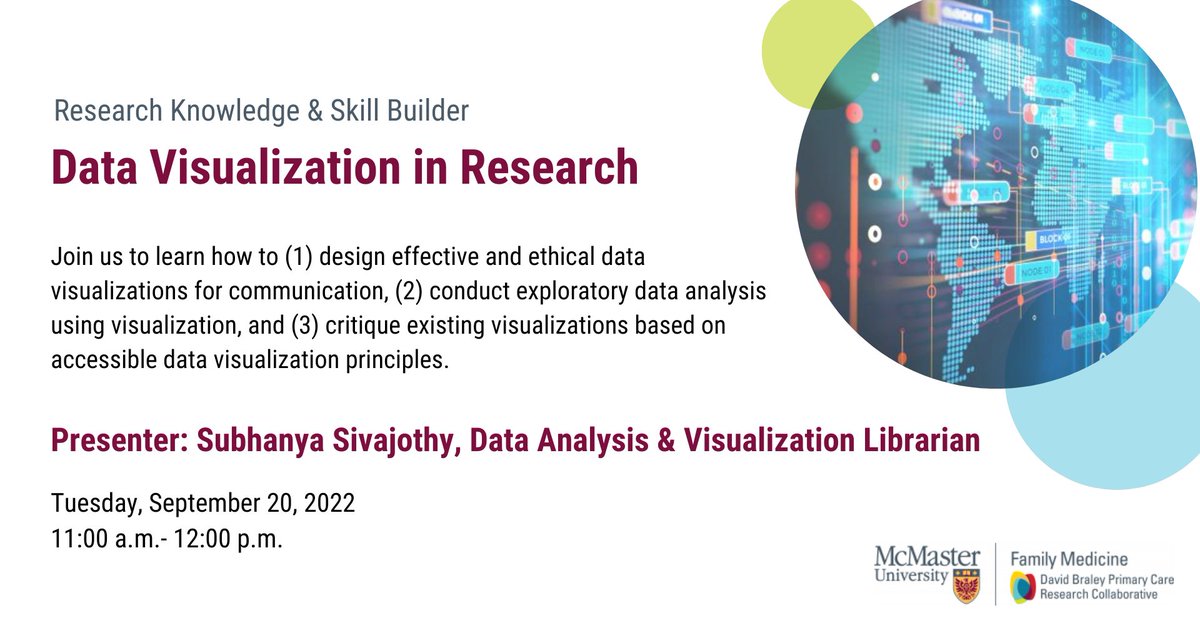 Research Knowledge and Skill Builder happening tomorrow! Learn how to design effective and ethical data visualizations. September 20, 11:00 am - 12:00 pm. Register or join via: mcmaster.zoom.us/meeting/regist… 
<a href="/maclibraries/">McMaster Libraries</a> <a href="/machealthsci/">McMaster Health Sciences</a>