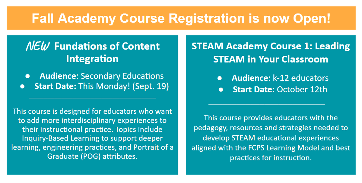 FALL @FCPSnews Academy registration is now available on MyPDE. Consider joining STEAM and Computer Science Courses. @fcsaap @MathematicsFCPS @FCPS_ESOL @FCPS_CTE @FPS_GCP @FcpsPOOPOL @FCPSfinearts @FCPS_LIS