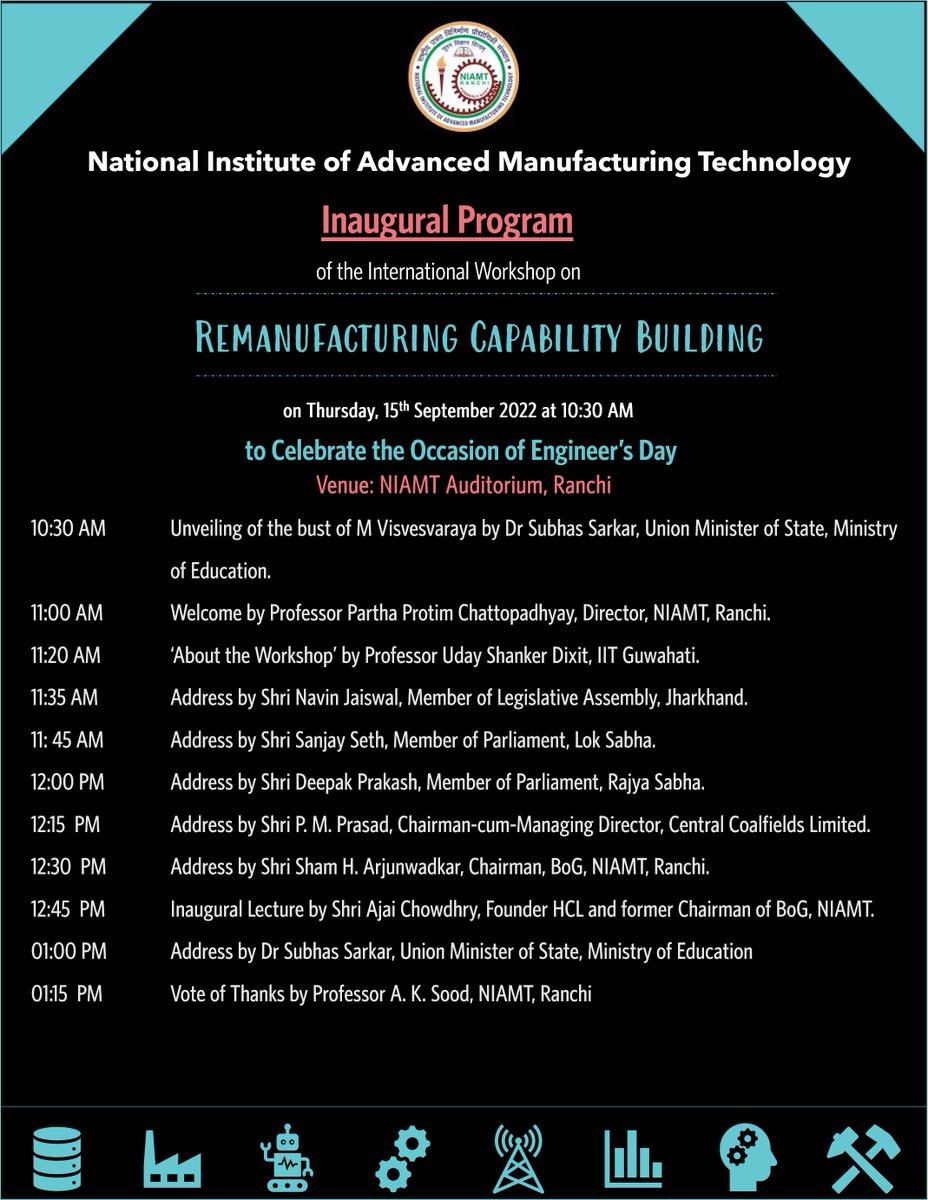niamt_ranchi's tweet photo. The "Remanufacturing Capability Building" Inaugural Program will be live tomorrow at 11:00 AM. https://t.co/nN4PStFbB4
https://t.co/yUr08g4nnw

Chief Guest @Drsubhassarkar Guest of Honour @dprakashbjp @MpSanjayseth @navinjaiswal4 @AjaiChowdhry @RealPMPrasad1 

@EduMinOfIndia https://t.co/6ZMI0R6nnz