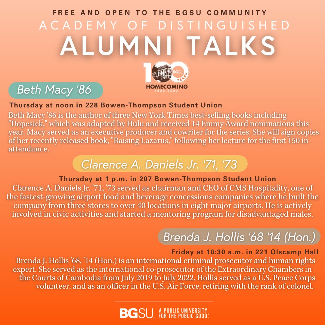 Rodney K. Rogers (@pres_rogers) on Twitter photo Join me this week for a unique opportunity to attend exclusive lectures from three of this year's inductees into the Academy of Distinguished Alumni, one of the highest honors given by @BGSU.
Learn more about each <a href="/FalconAlumni/">Bowling Green State University Alumni Association</a> honoree: bit.ly/39kFvIj Join me this week for a unique opportunity to attend exclusive lectures from three of this year's inductees into the Academy of Distinguished Alumni, one of the highest honors given by @BGSU.
Learn more about each <a href="/FalconAlumni/">Bowling Green State University Alumni Association</a> honoree: bit.ly/39kFvIj