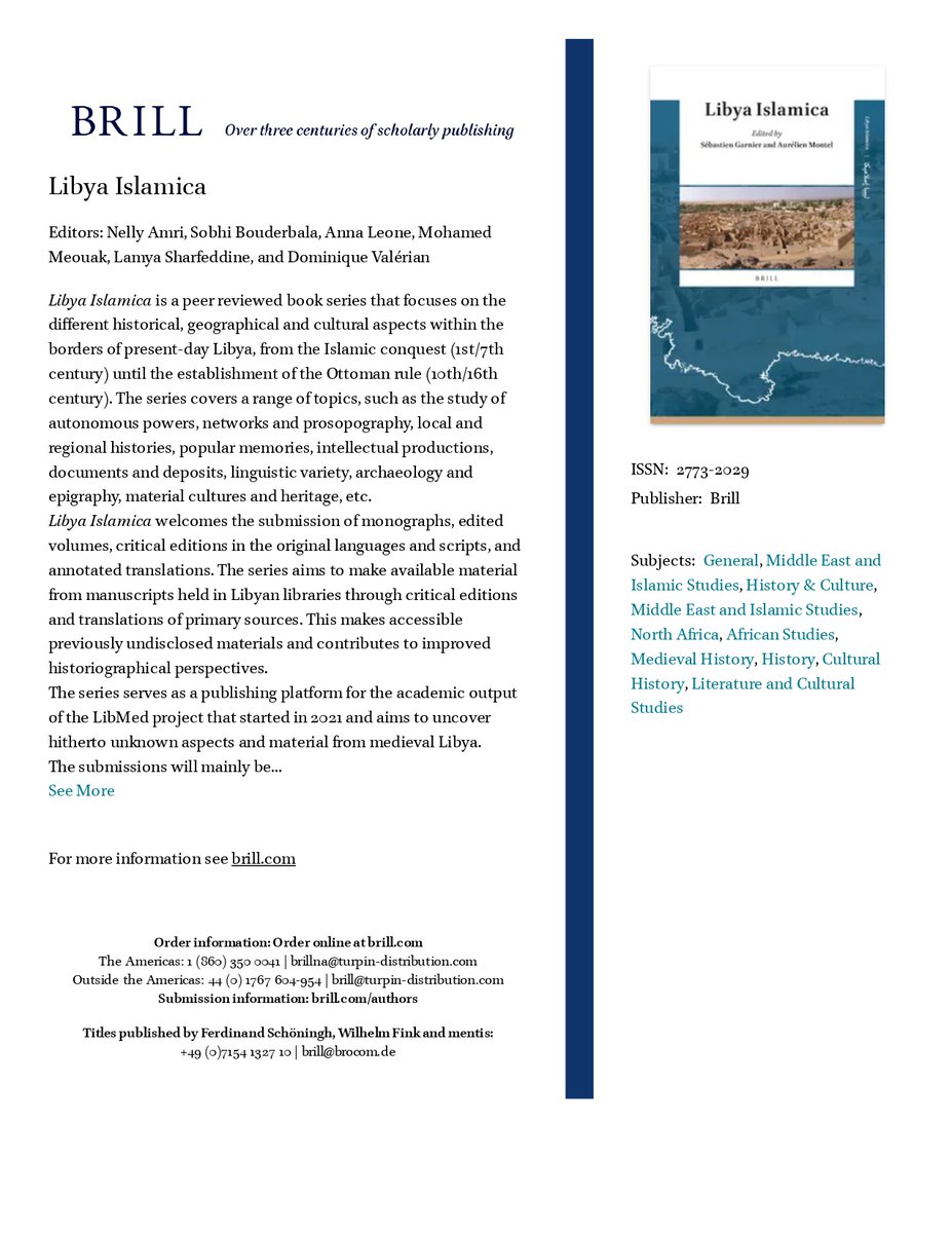 Very happy to announce the launch of Libya Islamica, a peer reviewed book series that focuses on the areas within the borders of present-day Libya, from the Islamic conquest until the establishment of the Ottoman rule. brill.com/view/serial/LIS