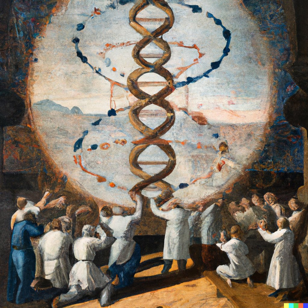 lorbar2's tweet photo. “Scientists worshipping a gigantic DNA molecule, painting drawn by Pieter Bruegel” generated using DALL-E 2

#biotech #dna #rna #dalle #synbio https://t.co/1zPgg3YvK2