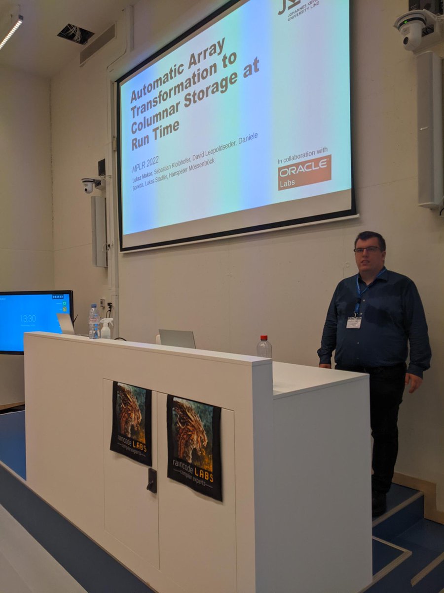 RaincodeLabs's tweet image. Automatic Array Transformation to Columnar Storage at Run Time  here at Managed Programming Languages and Runtimes 2022 at Vrije Universiteit Brussel. Some really great, engaging stuff! lnkd.in/eEkVas2m
#MPLR22 #compilerengineer #programming #softwareengineer #INRIA #VUB