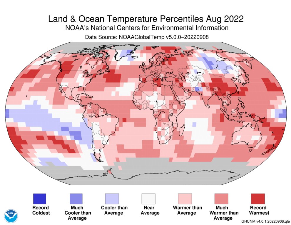 .@NOAA: August 2022 was the world's sixth-hottest August on record and capped off the Northern Hemisphere's second-hottest summer. Antarctic sea ice coverage was at a record low for a third consecutive month. bit.ly/3RXLtDo #climate #StateofClimate